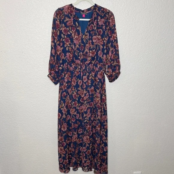 Vince Camuto Womens 3/4 Puff Sleeve Tie Neck Maxi Dress Floral Size L - Picture 2 of 10